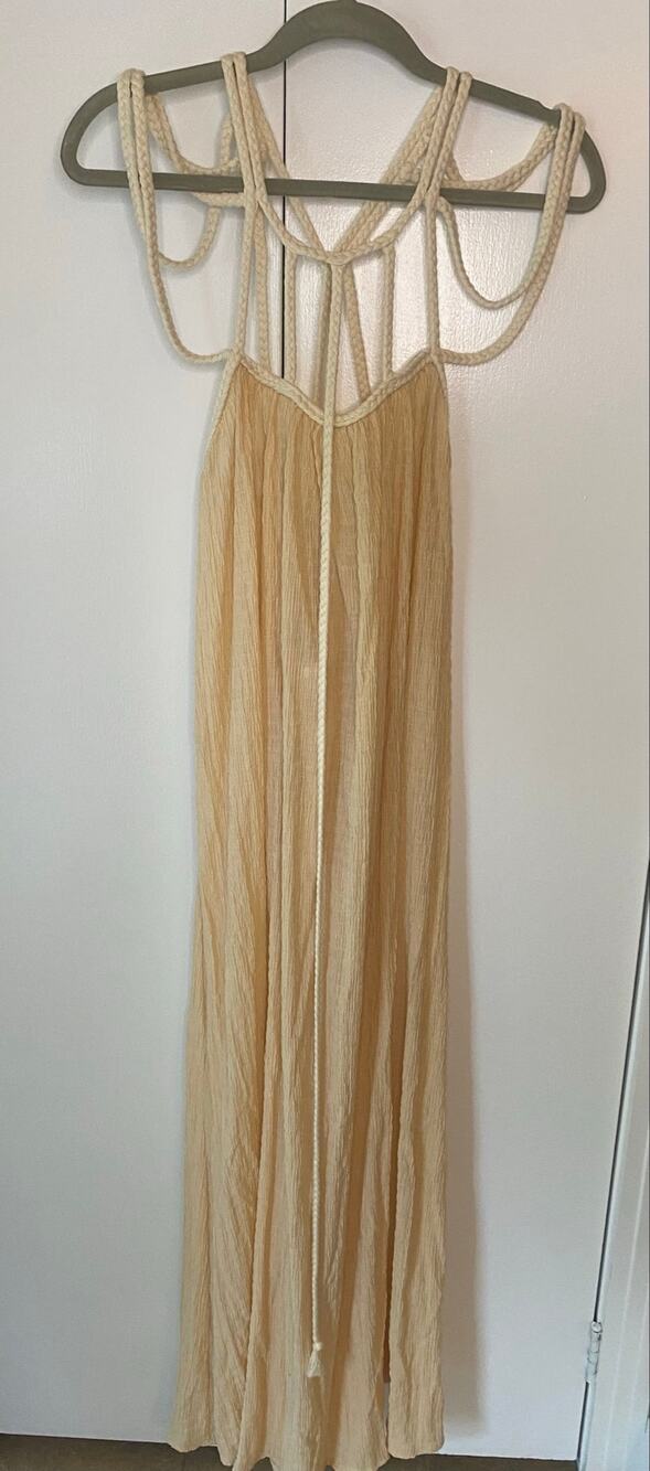 Commense 100% Cotton Cream Maxi Dress Open Back Rope Detail Small